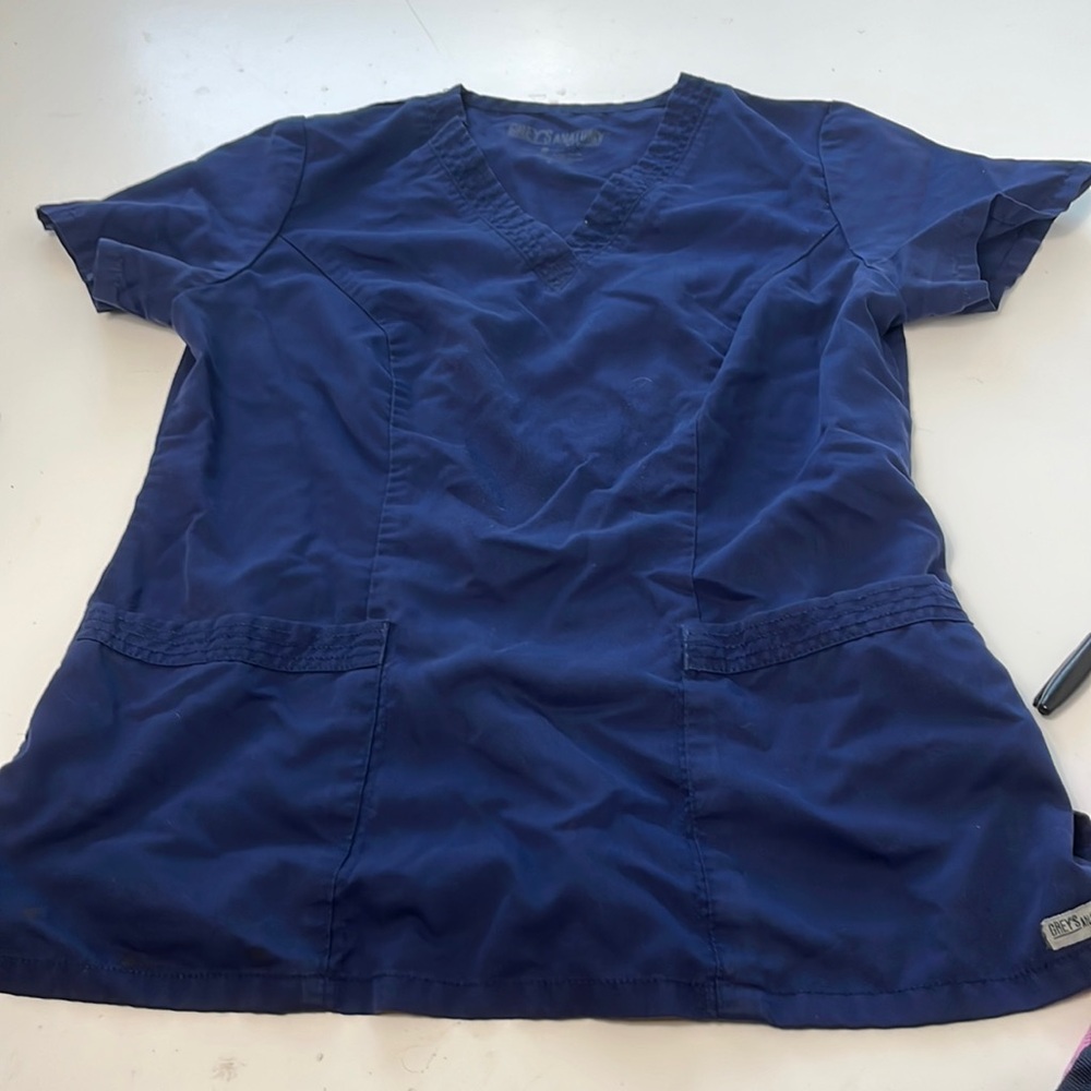 Greys Anatomy Small Navy Blue Short Sleeve V Neck Scrubs Uniform Top
